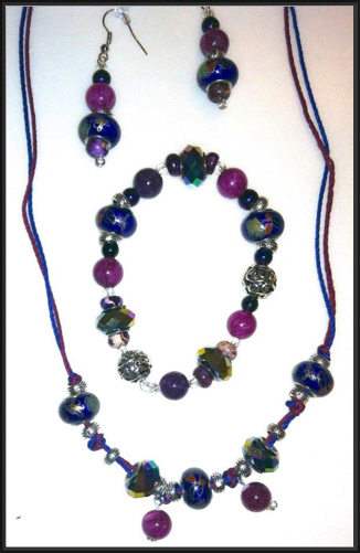 Purple and Cloissone Earrings, Bracelet and Necklace Set
